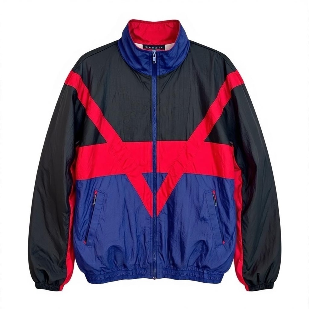90s Casual Gear Black Red Blue Lined Windbreaker Jacket, 100% Nylon, Size XXL